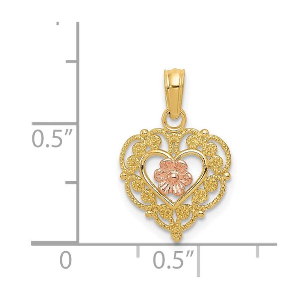 14k Rose and Yellow Gold, Lace Trim Heart and Pink Flower Pendant Hot on Sale