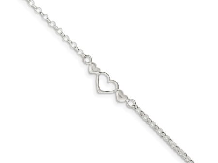 Sterling Silver Adjustable Triple Heart Anklet, 9-10 Inch Cheap