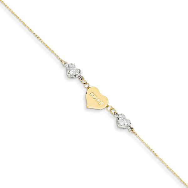 14k Two-Tone Gold Diamond-Cut Puffed and Love Heart Anklet, 9 Inch Online now