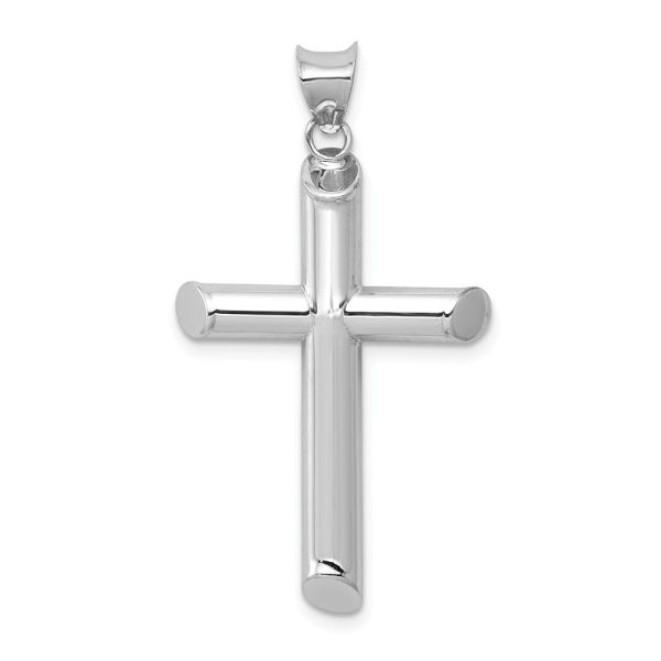 14k White Gold Beveled Edge Hollow Tube Cross Pendant Sale