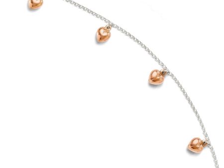 18k Rose Gold Plated And Sterling Silver Puffed Hearts Anklet, 9-10 In Sale