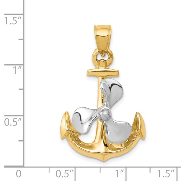 14k Two Tone Gold Polished Anchor and Spinning Propeller Pendant For Sale