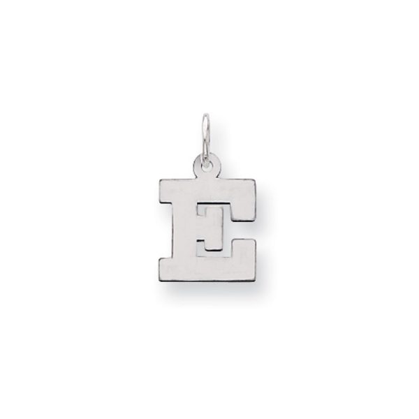 14k White Gold, Amanda Collection, Small Block Style Initial E Pendant Discount