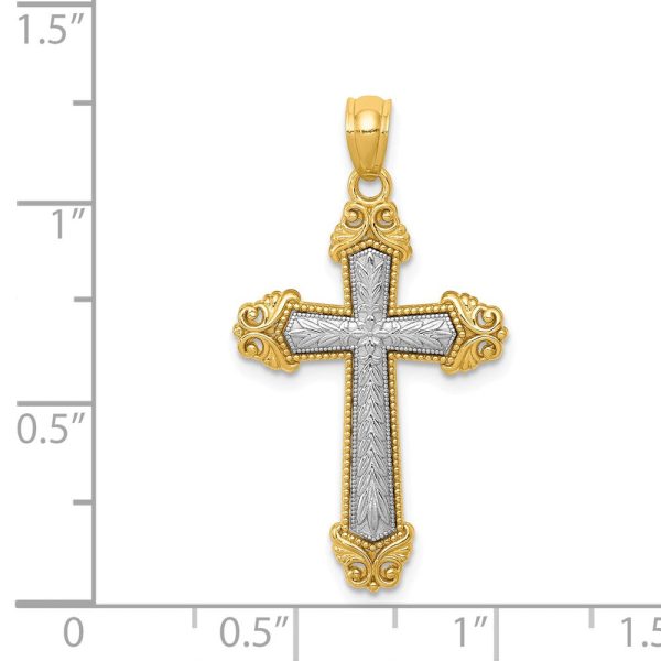 14k Two Tone Gold Ornate Cross Pendant, 17 x 31mm For Sale