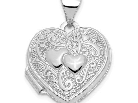 14k White Gold 15mm Double Design Heart Shaped Locket Cheap