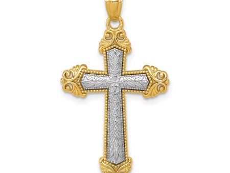 14k Two Tone Gold Ornate Cross Pendant, 17 x 31mm For Sale