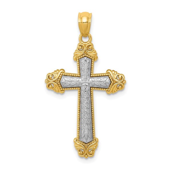 14k Two Tone Gold Ornate Cross Pendant, 17 x 31mm For Sale