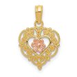 14k Rose and Yellow Gold, Lace Trim Heart and Pink Flower Pendant Hot on Sale