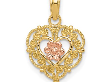 14k Rose and Yellow Gold, Lace Trim Heart and Pink Flower Pendant Hot on Sale