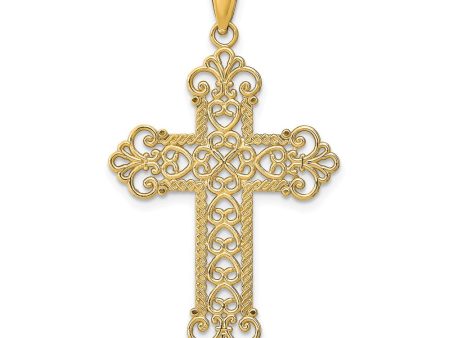 14k Yellow Gold Fleur de lis Cross Pendant, 24 x 42mm Cheap