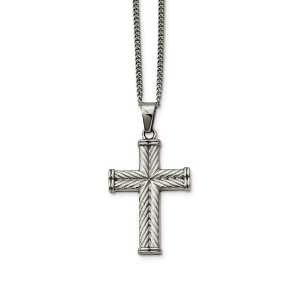 Stainless Steel Textured Wheat Design Cross Necklace - 22 Inch Cheap