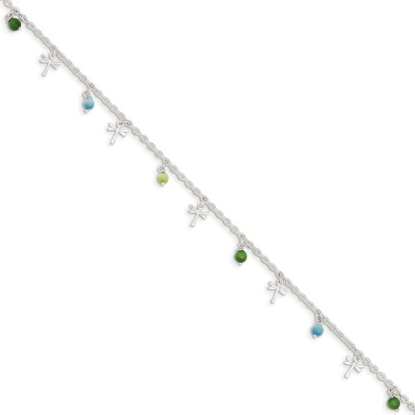 Sterling Silver Dragonfly And Glass Beaded Anklet, 10 Inch Hot on Sale