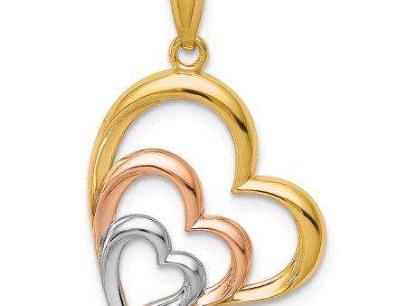 14k Two Tone Gold & White Rhodium Plated Layered Hearts Pendant, 17mm For Sale