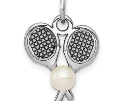 14k White Gold & FW Cultured Pearl Double Tennis Racquet Charm For Cheap