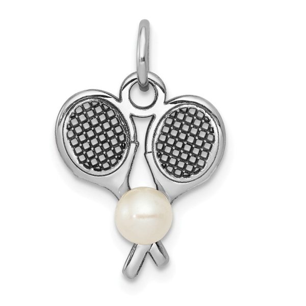 14k White Gold & FW Cultured Pearl Double Tennis Racquet Charm For Cheap