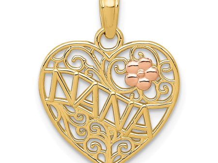 14k Two Tone Gold Nana with Flower On Heart Pendant, 15mm Online now