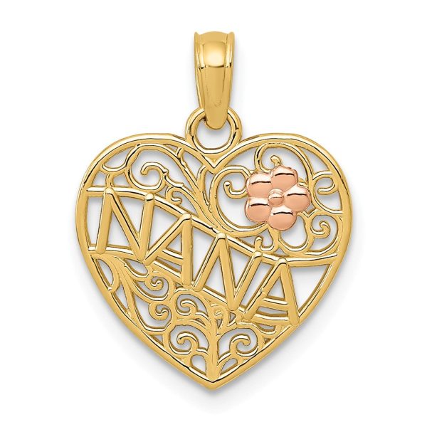 14k Two Tone Gold Nana with Flower On Heart Pendant, 15mm Online now