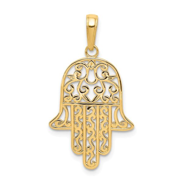 14k Yellow Gold Polished Filigree Chamseh Pendant, 17 x 30mm Online Sale