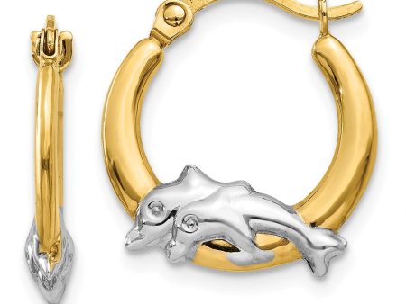 15mm Dolphin Round Hoop Earrings in 14k Yellow Gold and Rhodium Fashion