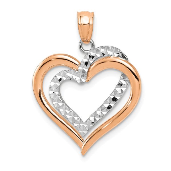 14k Rose Gold and White Gold Diamond Cut Heart Pendant, 19mm Supply