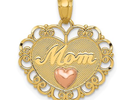 14k Two Tone Gold Mom Scroll Heart Pendant, 18mm on Sale