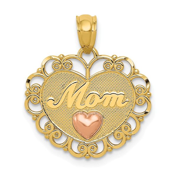 14k Two Tone Gold Mom Scroll Heart Pendant, 18mm on Sale