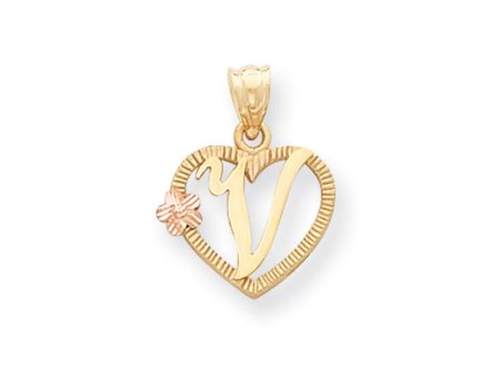 14k Two Tone Gold Grace Collection 15mm Heart Initial V Pendant Cheap