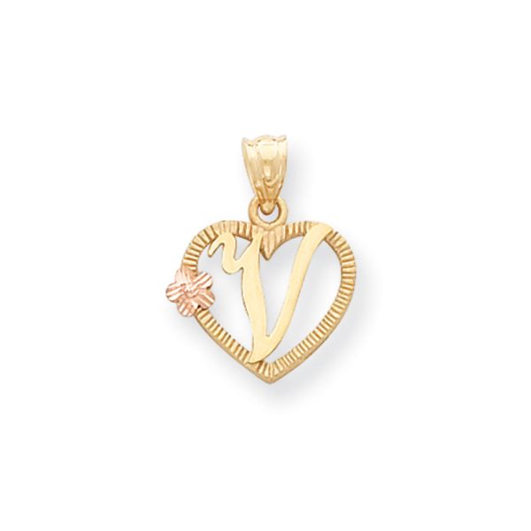 14k Two Tone Gold Grace Collection 15mm Heart Initial V Pendant Cheap