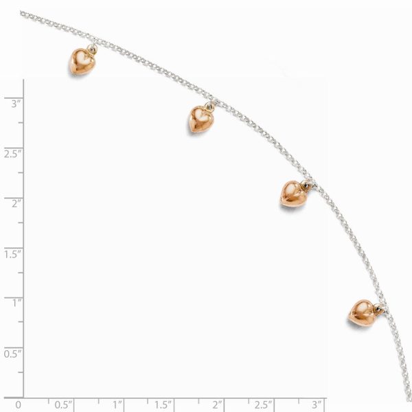 18k Rose Gold Plated And Sterling Silver Puffed Hearts Anklet, 9-10 In Sale