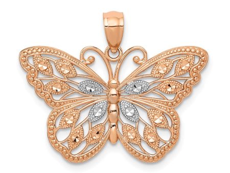 14k Rose Gold and White Rhodium Textured Butterfly Pendant, 26mm Online Sale