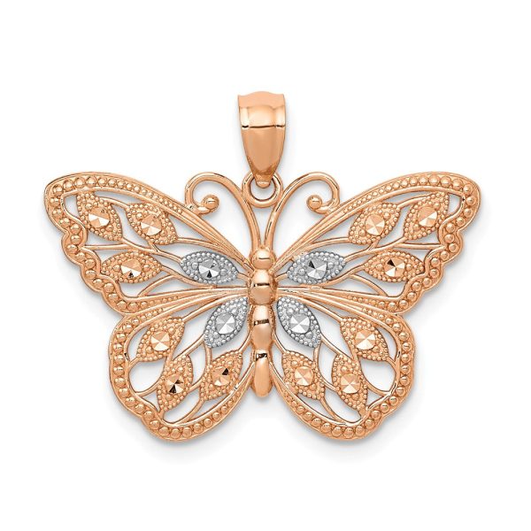 14k Rose Gold and White Rhodium Textured Butterfly Pendant, 26mm Online Sale