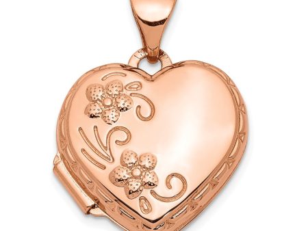 14k Rose Gold 15mm Love You Always Reversible Floral Heart Locket For Sale