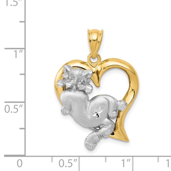 14k Two Tone Gold Satin and Diamond Cut Cat and Heart Pendant on Sale