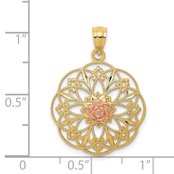 14k Two Tone Gold Round Filigree Rose Pendant, 19mm (3 4 inch) Supply