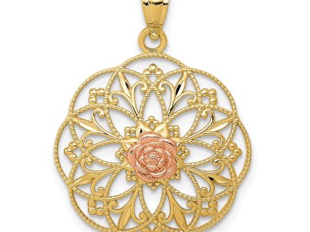 14k Two Tone Gold Round Filigree Rose Pendant, 19mm (3 4 inch) Supply