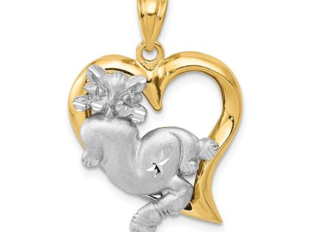 14k Two Tone Gold Satin and Diamond Cut Cat and Heart Pendant on Sale