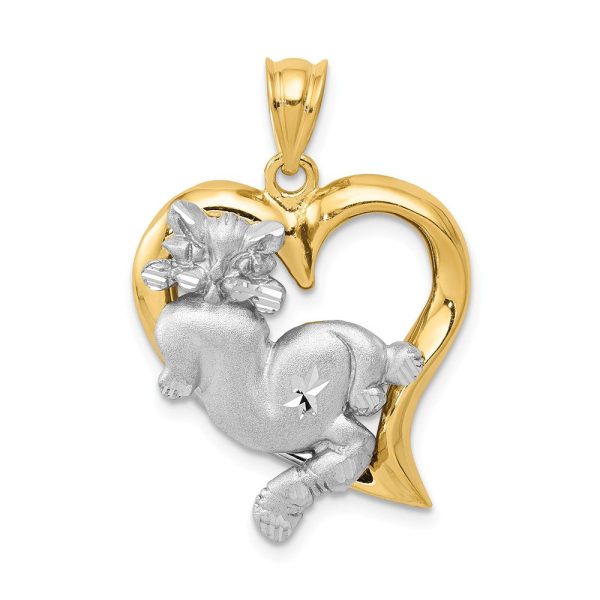 14k Two Tone Gold Satin and Diamond Cut Cat and Heart Pendant on Sale